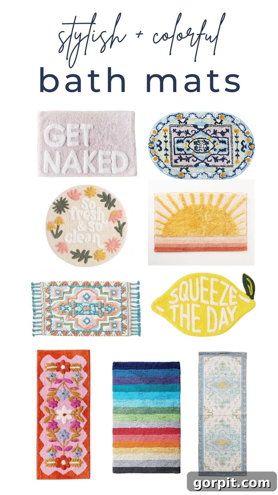 Stylish Bath Mats for Vibrant Bathrooms 2 An overhead product view of ten diverse and colorful bath mats. Designs include a cheerful lemon-shaped mat proclaiming, "Squeeze the Day," a charming round floral mat with "So fresh and so clean," along with various boho and stylish patterns in a spectrum of bright hues. The scene emphasizes "Stylish and colorful bath mats."