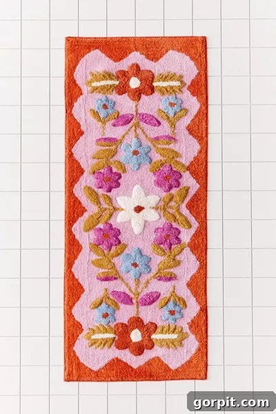 Stylish Bath Mats for Vibrant Bathrooms 6 A rectangular bath mat with a folk floral pattern, featuring red, white, blue, purple, and orange flowers on a pink and rust background. The mat lies on a tiled floor. It is our favorite rug runner and the best bath mat for color lovers.