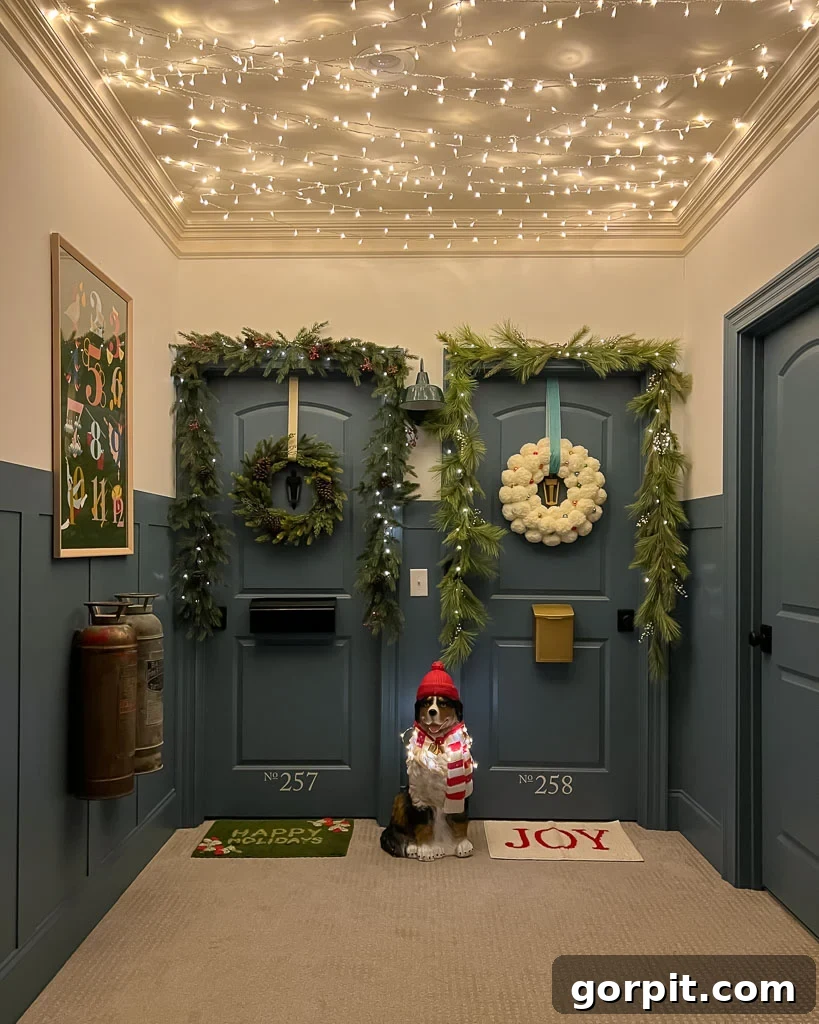 Bedroom doors transformed into charming apartment entrances, festively decorated for Christmas with garlands and personalized touches