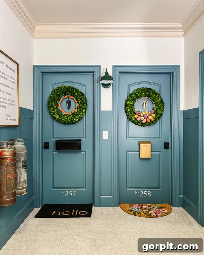 Bedroom doors decorated to look like apartment doors with cheerful Spring decor, including floral wreaths and colorful accents
