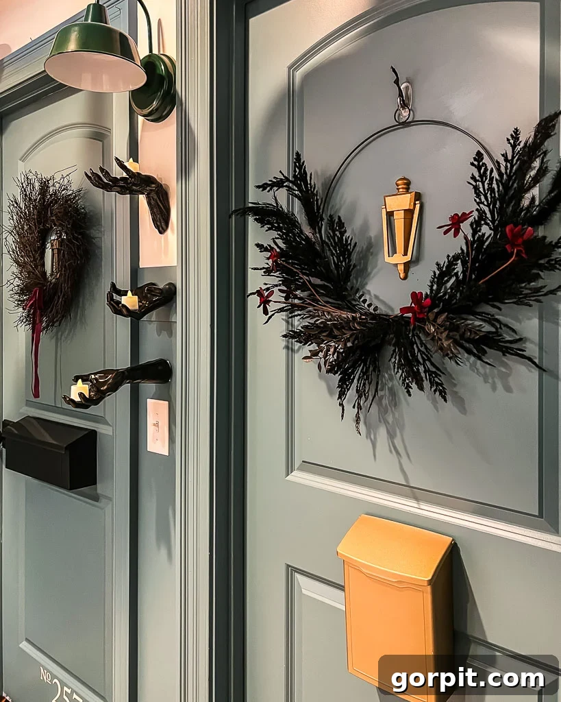 Kid's bedroom doors adorned with Halloween decorations, featuring a spooky wreath and creative details