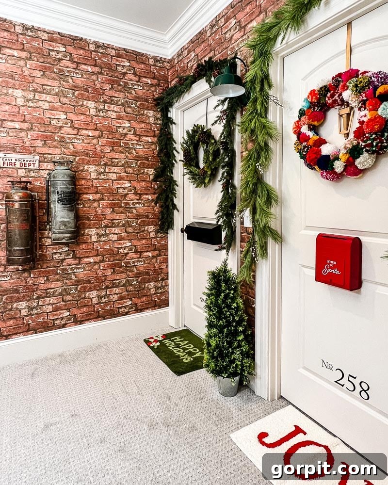 Kids bedroom doors decorated like apartment entrances at Christmas with brick wallpaper and festive decor