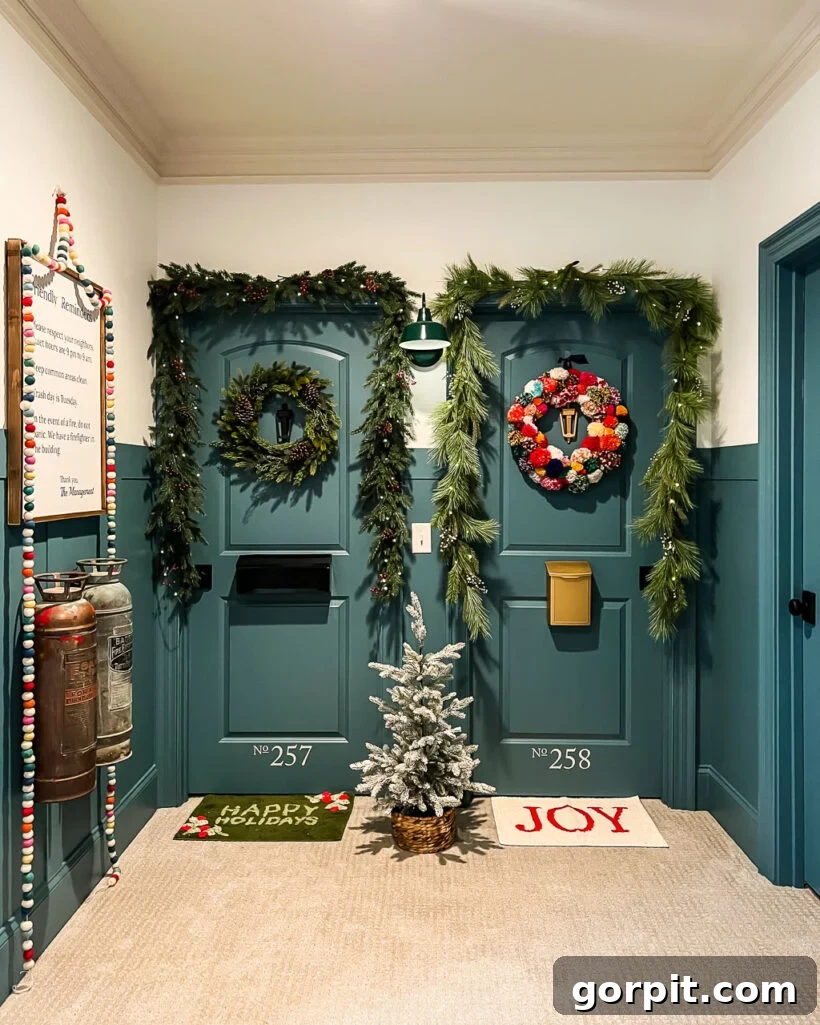 Bedroom doors decorated to look like apartment doors, adorned with Christmas garlands, wreaths, and festive ornaments, against a board and batten wall