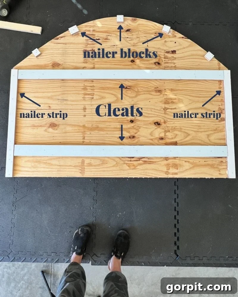 Personalized Message Headboard: Build Your Own 11 Diagram of the back of the DIY headboard showing nailer boards and cleats