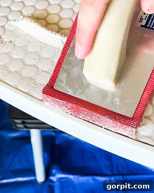 Personalized Message Headboard: Build Your Own 13 Grouting the edge of the DIY headboard between tiles and trim