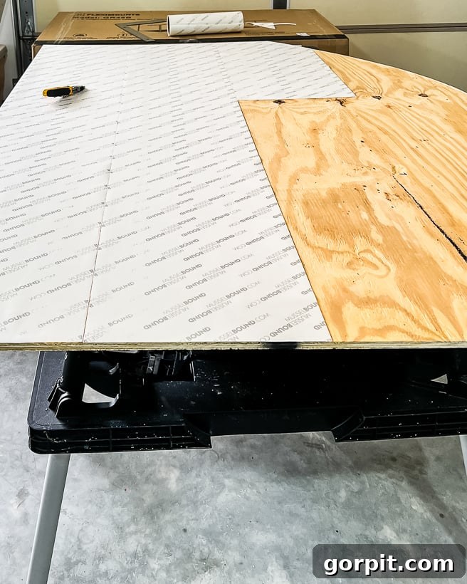 Personalized Message Headboard: Build Your Own 6 Musselbound tile adhesive mat applied to the plywood headboard surface