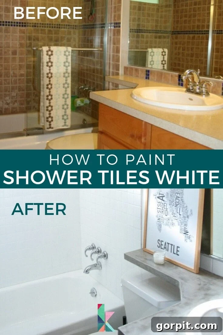 Before and after image of shower tiles painted white. Center text reads 'How to paint shower tiles white.' This DIY project revitalizes a bathroom on a budget.
