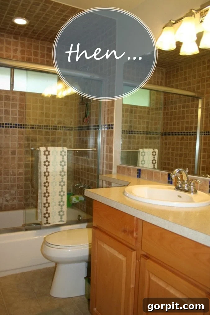 The picture labelled "then" shows brown shower tiles and brown cabinets in a bathroom before you paint shower tiles white. The overall look is dark and outdated.