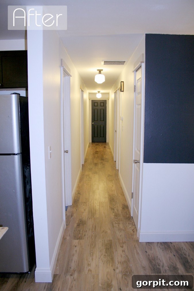 "After" is in the upper left corner of a picture of a long hallway in a house. The words, "Hallway Remodel" is on the bottom. This image shows a beautifully renovated hallway.