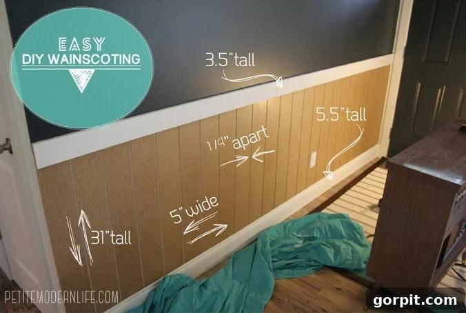 The words "DIY Easy Wainscoting" is on the bottom of a picture of a wall with grey paint and brown wainscoting. On the wall are written measurements and notes. This DIY project enhances wall aesthetics.