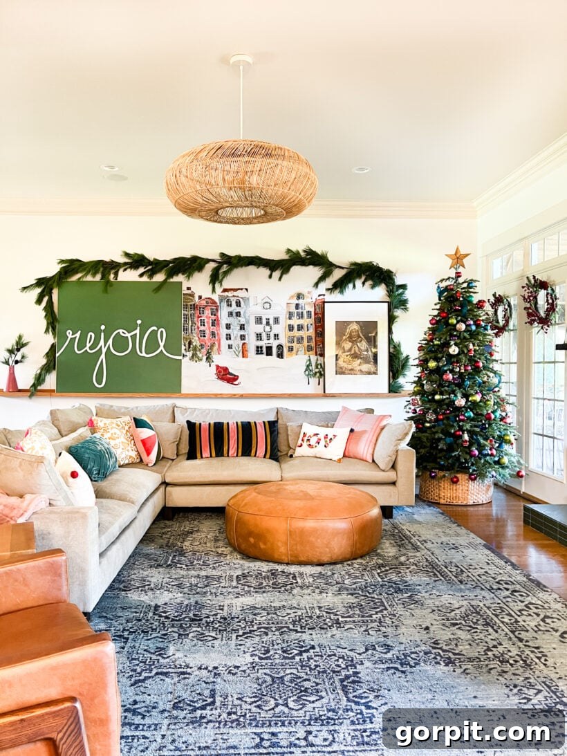 DIY rejoice Christmas art in family room, creating a festive ambiance.