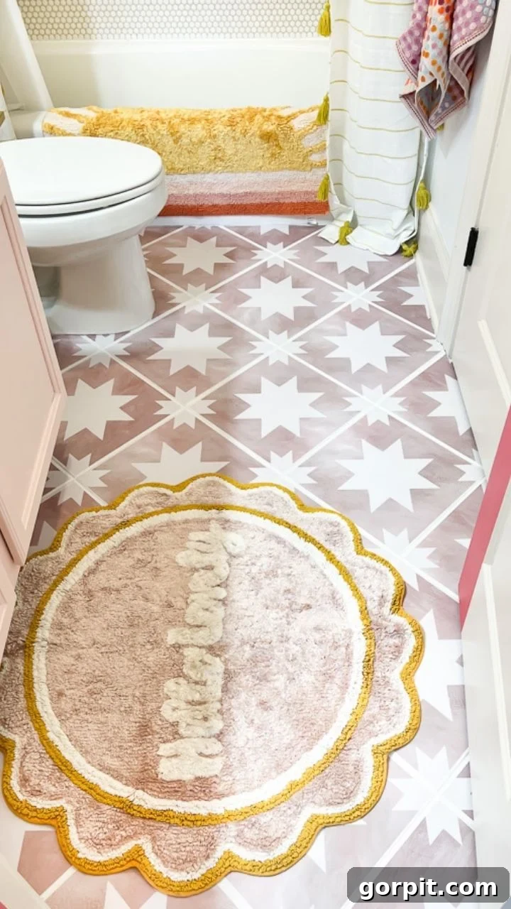 pink star tile stickers in bathroom by Tasha Agruso of Kaleidoscope Living