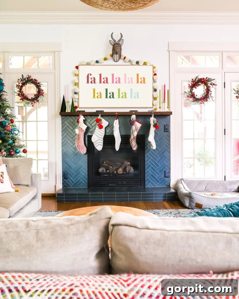 Our 2021 Christmas Home A Kaleidoscope of Color 10 Colorful family room decorated for the holidays, with festive accents and a cozy atmosphere.