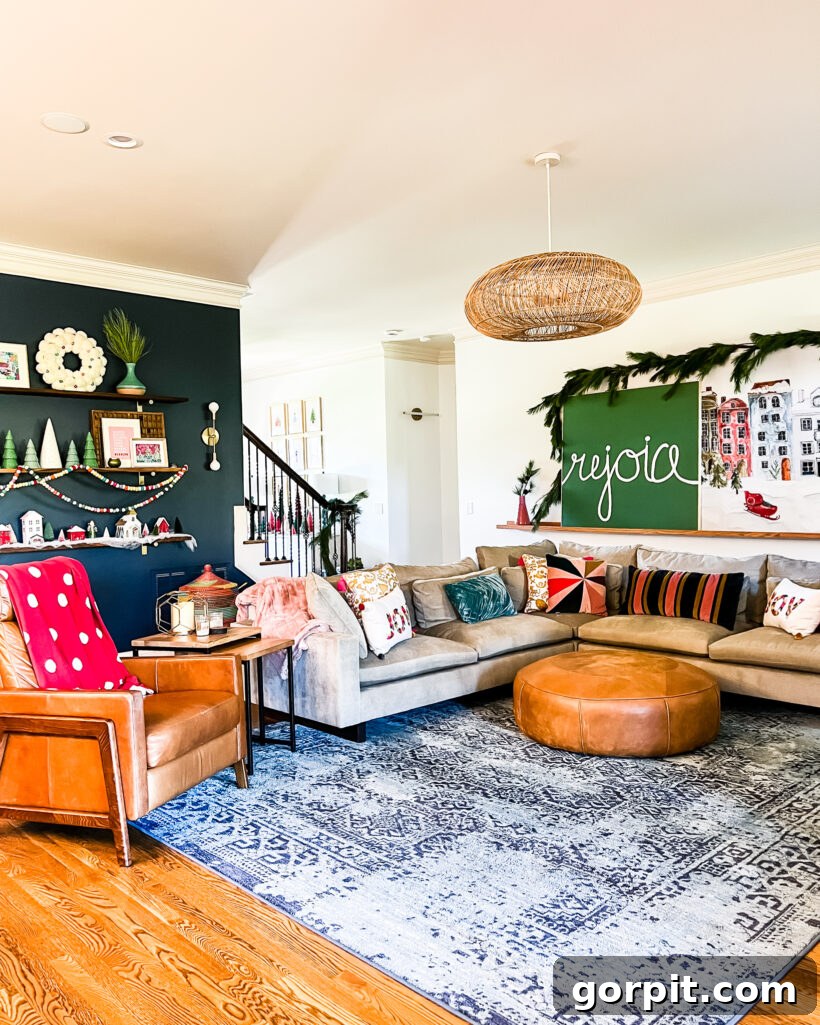 Our 2021 Christmas Home A Kaleidoscope of Color 13 Colorful family room decorated for Christmas, featuring vibrant accents and holiday cheer.
