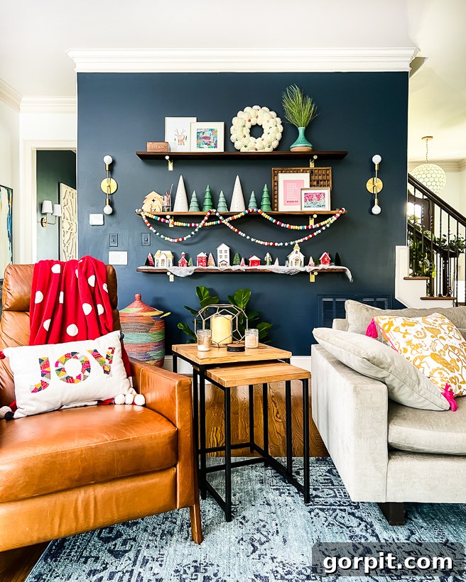Our 2021 Christmas Home A Kaleidoscope of Color 14 Family room showcasing a Christmas home tour, featuring decorated DIY shelves.