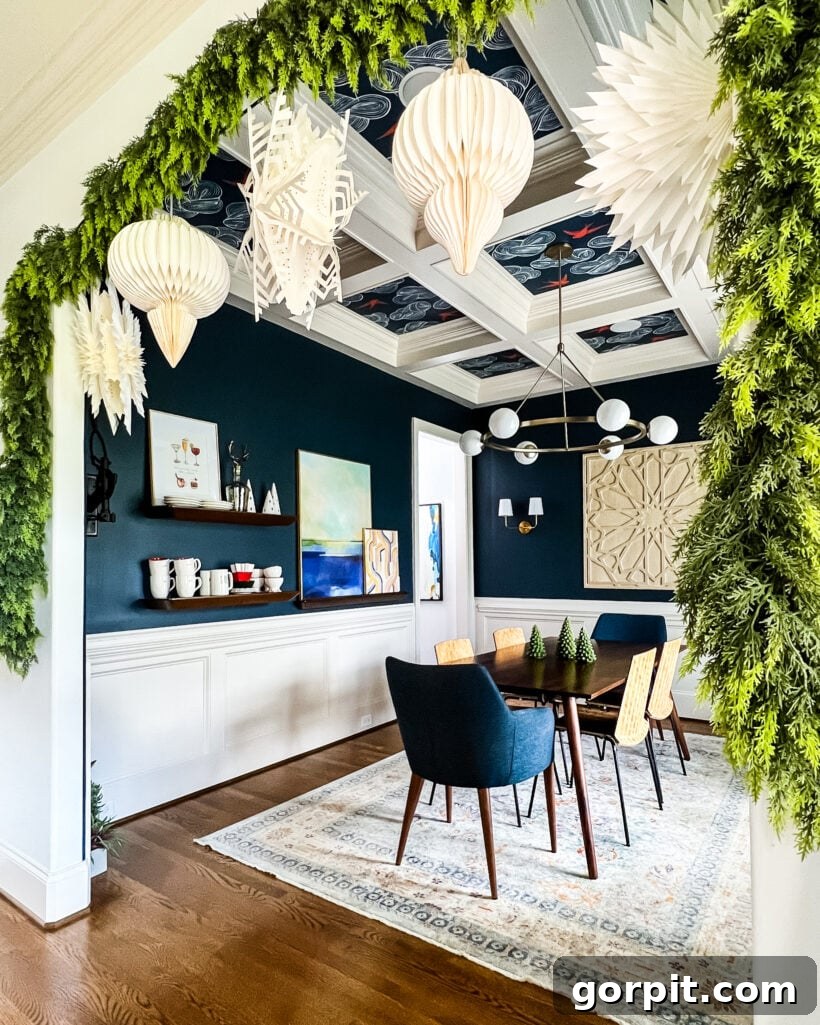 Our 2021 Christmas Home A Kaleidoscope of Color 17 Dining room adorned for Christmas, part of a colorful home tour.
