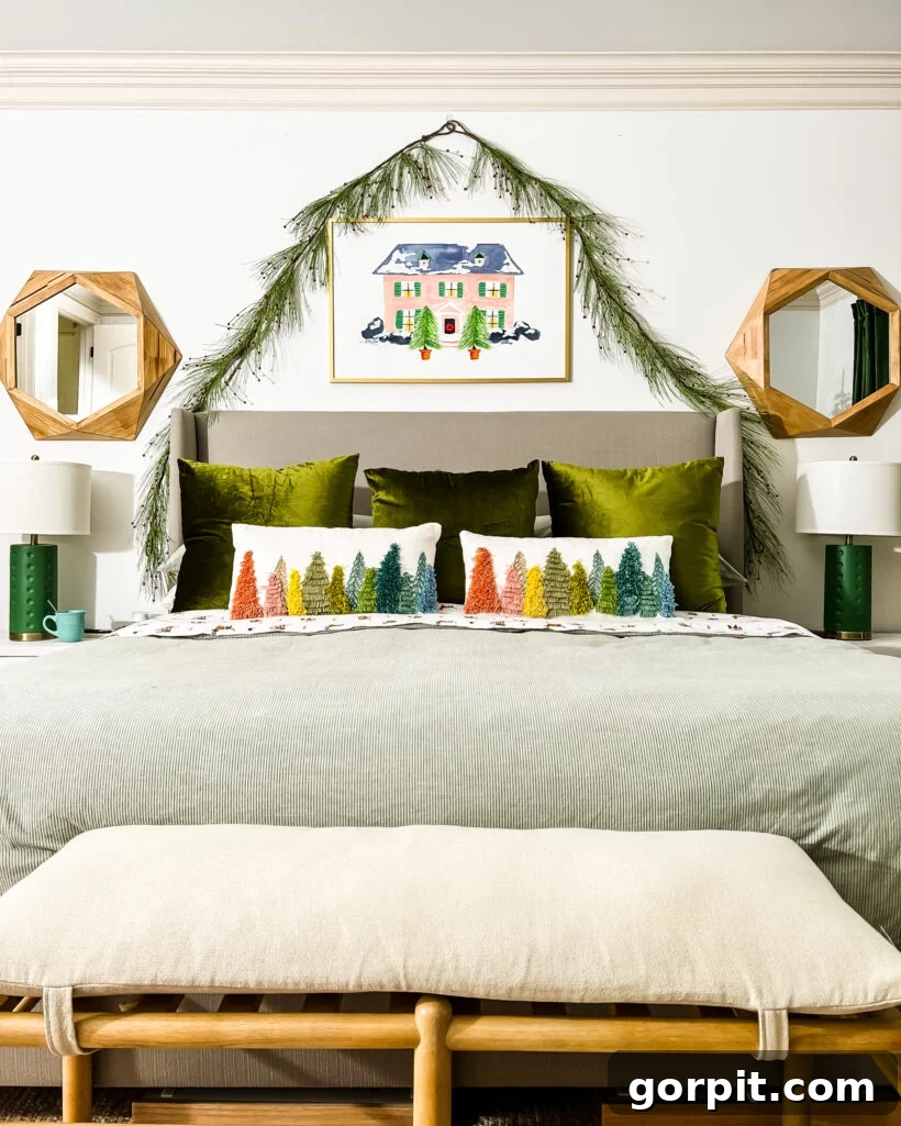 Vibrant Wonderland: Our 2021 Christmas Home Tour Part 2 2 Master bedroom decorated for Christmas with a festive art print and colorful pillows