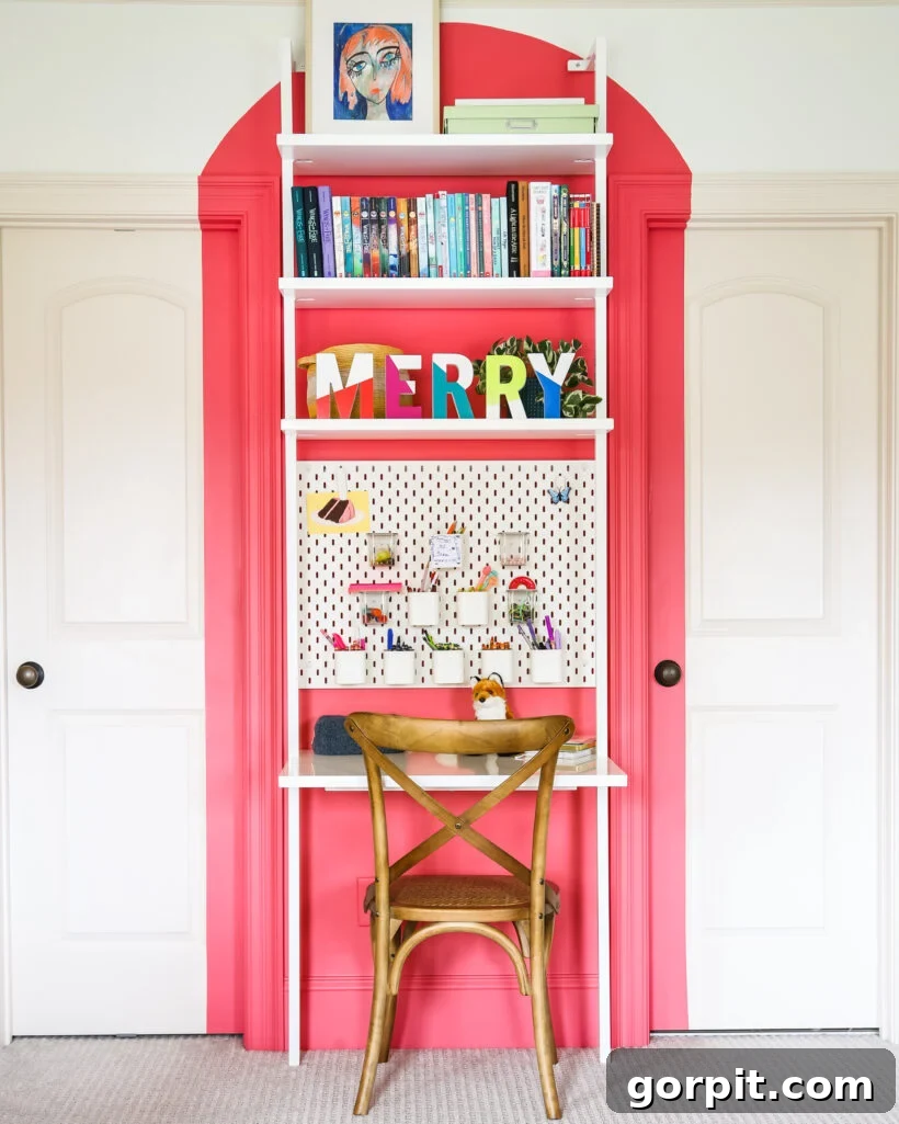 Vibrant Wonderland: Our 2021 Christmas Home Tour Part 2 10 Attley's desk bookcase with 'MERRY' letters and other Christmas decor