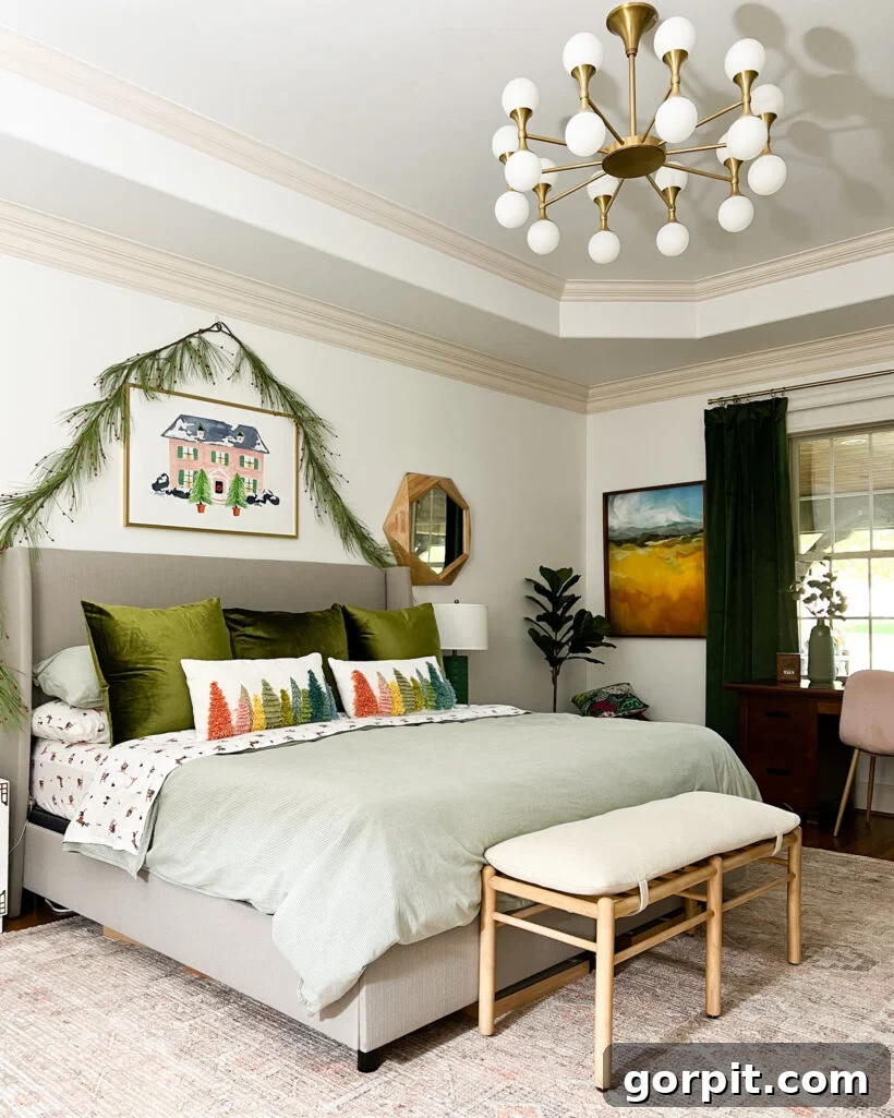 Vibrant Wonderland: Our 2021 Christmas Home Tour Part 2 3 Close up of master bedroom showing Christmas sheets with dog pattern and new rug