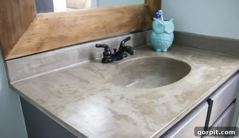 Finished DIY concrete vanity top and sink in a modern bathroom