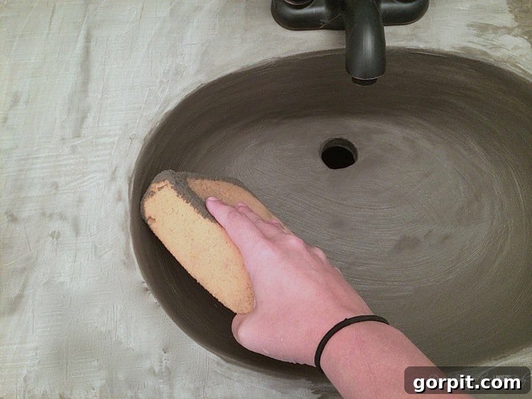 Smoothing concrete overlay in a bathroom sink basin with a sponge