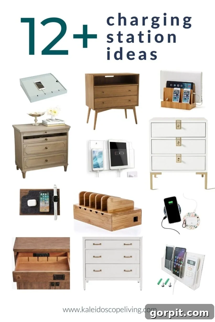 A collage image of stylish and functional family charging stations, showcasing various designs and organization methods. The image highlights the phrase '12+ charging station ideas.'