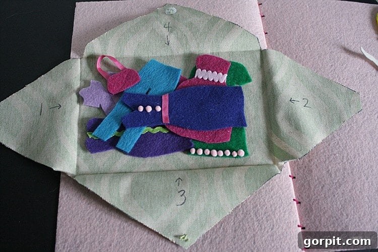 Close-up of a felt dress-up doll with a blue felt dress, placed on its open book, highlighting the intricate details of the handmade doll and clothes.