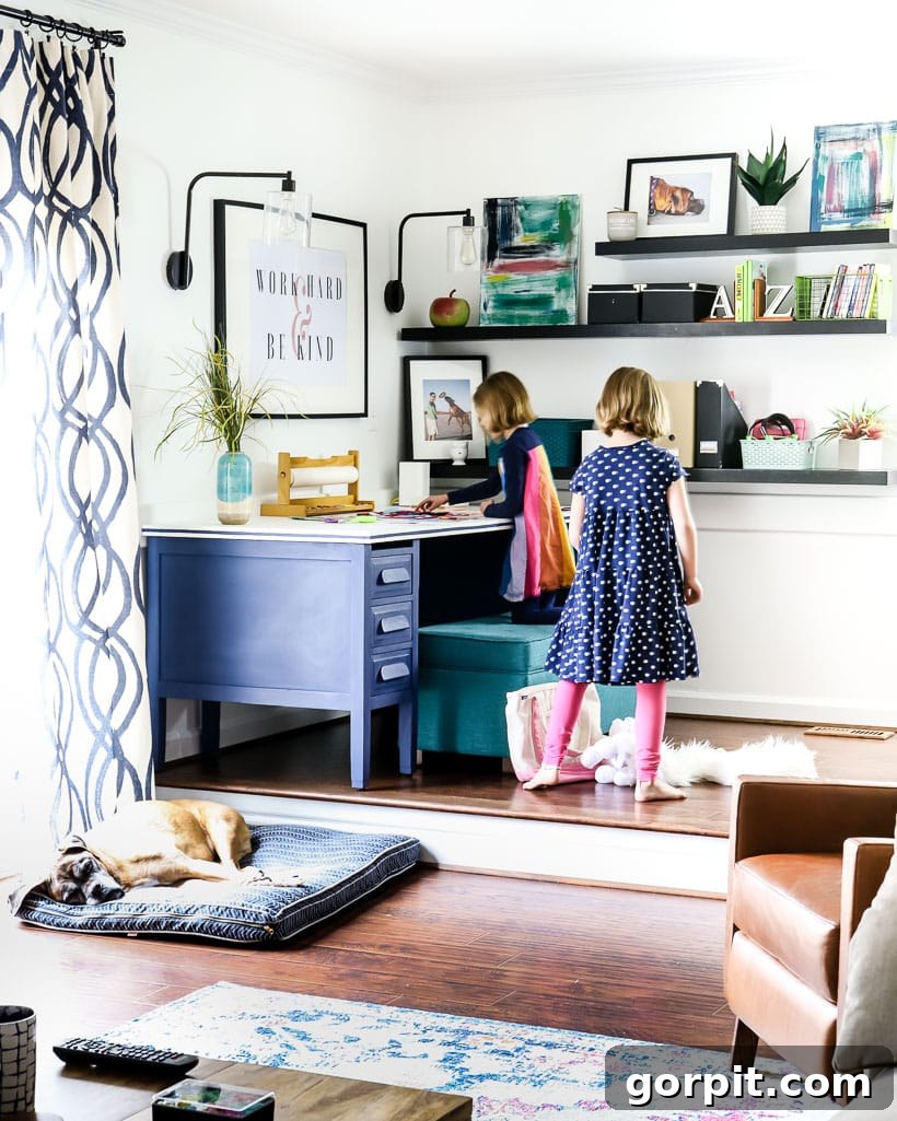 A designated play zone in a family room, showing organized toy storage to keep clutter at bay.