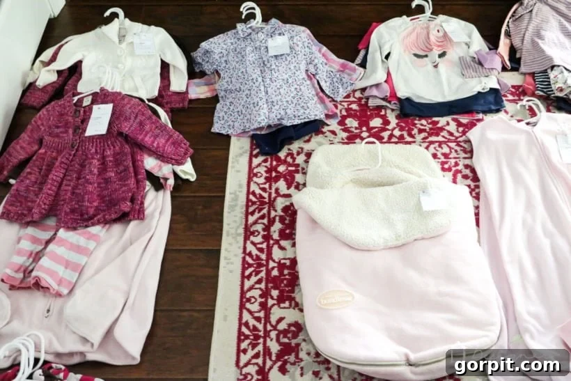 Labels and pricing tags on baby clothes and items, preparing for a consignment sale as part of the decluttering process.