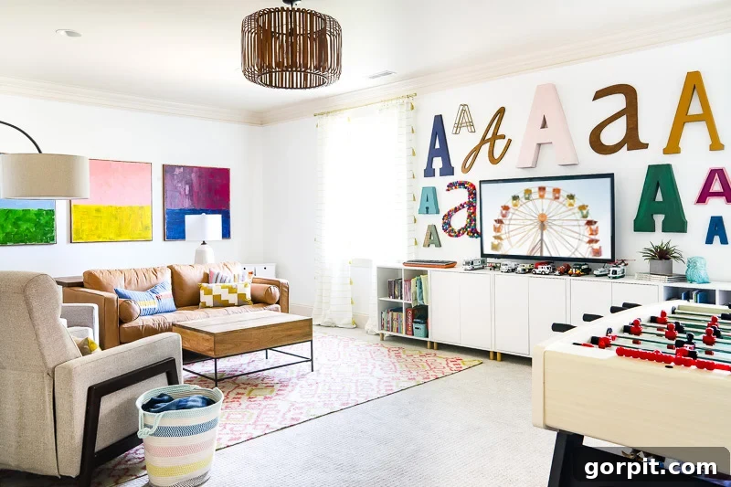 New furniture layout in a bonus room, showing increased open space