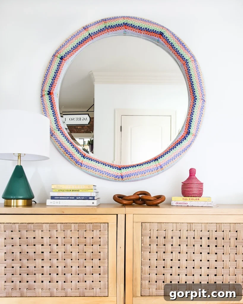 Close-up of the intricate patterns on the colorful decoupage mirror