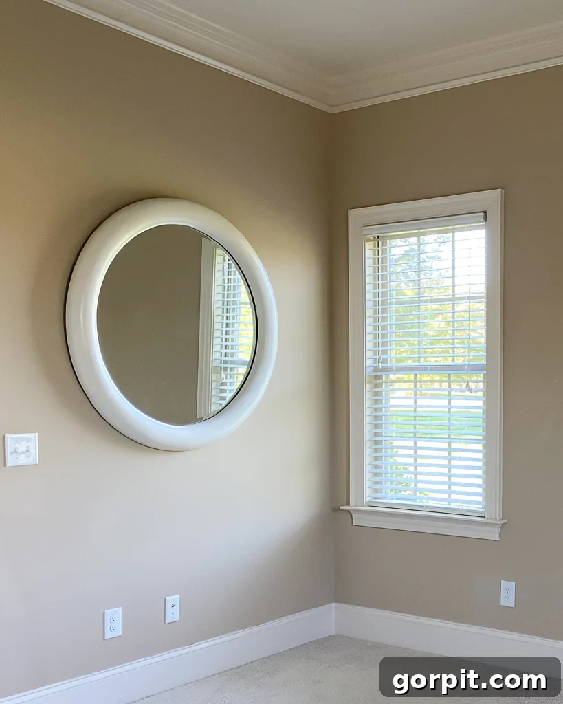 Original white round wood mirror frame before decoupage