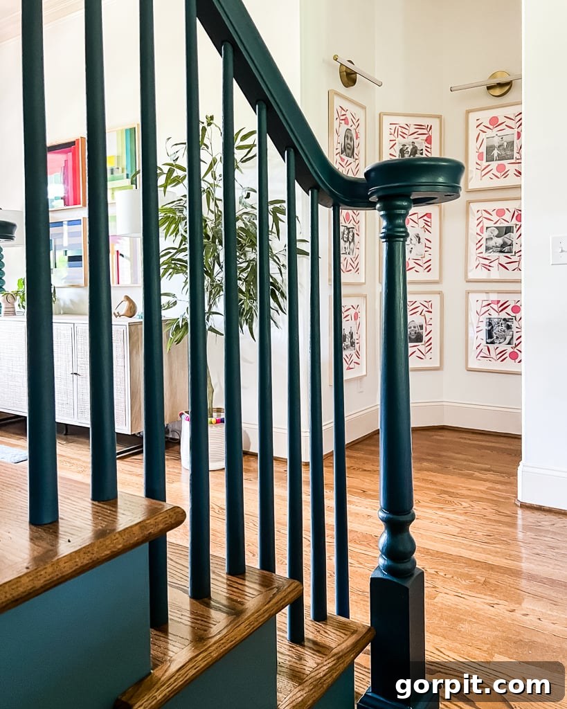 updated stair railing with new balusters, showcasing a refreshed home interior