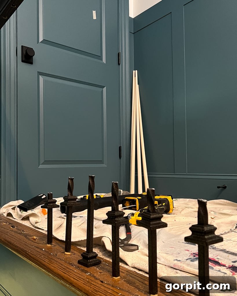 Closeup of old baluster removal showing cut and pliers for leverage