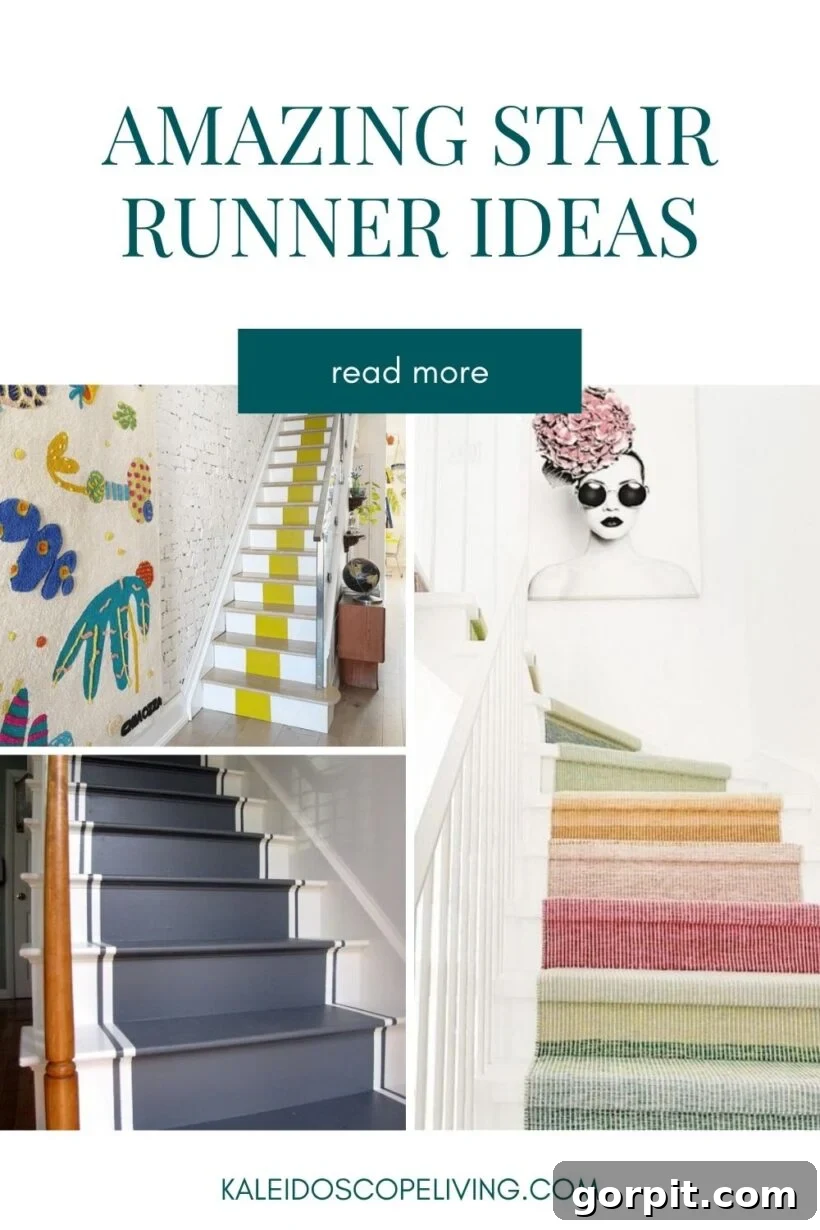 Merdivenlerinizi Şıklaştırın: İlham Veren Koşucu Halı Fikirleri 2 Text that reads "Amazing Stair Runner Ideas" is above a three-paneled collage of yellow, striped, and painted stair runners.