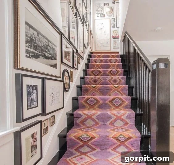 Merdivenlerinizi Şıklaştırın: İlham Veren Koşucu Halı Fikirleri 11 An Annie Selke pink stair case runner with a geometric pattern covers black stairs with a gallery wall.