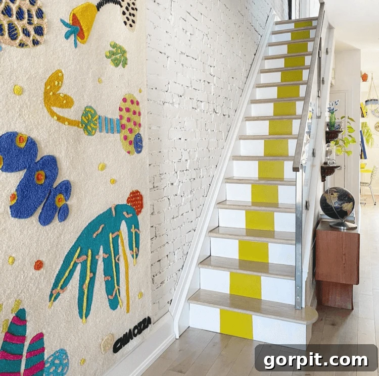 Merdivenlerinizi Şıklaştırın: İlham Veren Koşucu Halı Fikirleri 14 A modern yellow and white color blocked staircase is a great example of art as functional. Felt and fabric wall art hang nearby.