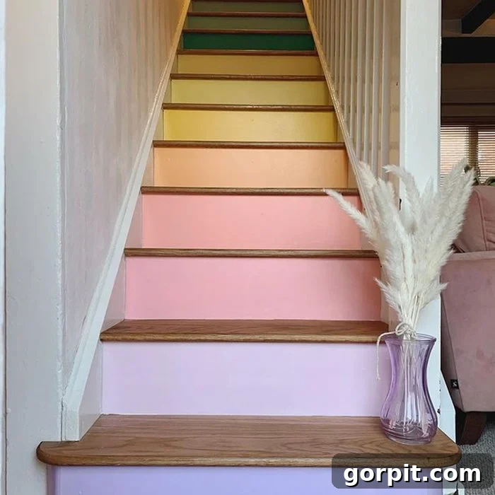 Merdivenlerinizi Şıklaştırın: İlham Veren Koşucu Halı Fikirleri 15 A pastel, rainbow-painted staircase with wood treads and a purple vase with white feathers.