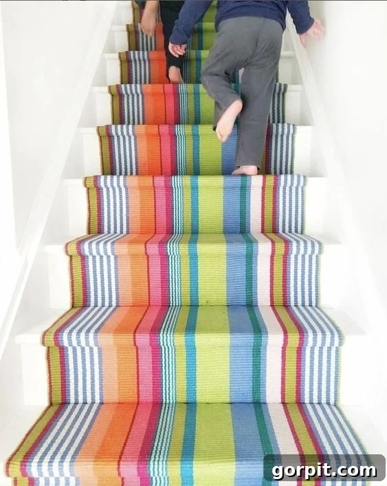 Merdivenlerinizi Şıklaştırın: İlham Veren Koşucu Halı Fikirleri 3 A colorful striped staircase runner over white stairs creates a fun focal point in this example by Annie Selke.