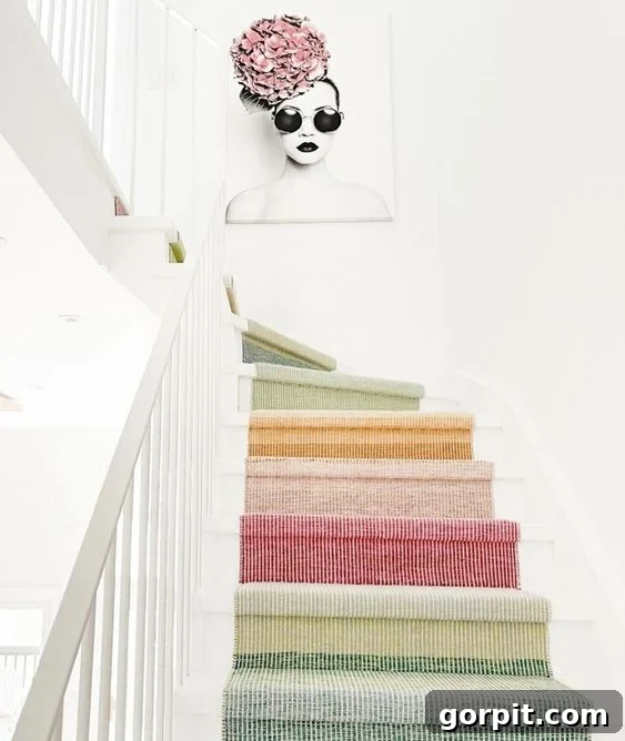Merdivenlerinizi Şıklaştırın: İlham Veren Koşucu Halı Fikirleri 4 A color-blocked staircase runner in spring style is one stair runner idea by Paula Himmel Design.