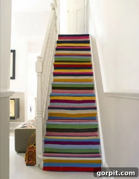 Merdivenlerinizi Şıklaştırın: İlham Veren Koşucu Halı Fikirleri 7 A horizontal, colorful striped staircase runner next to white walls.