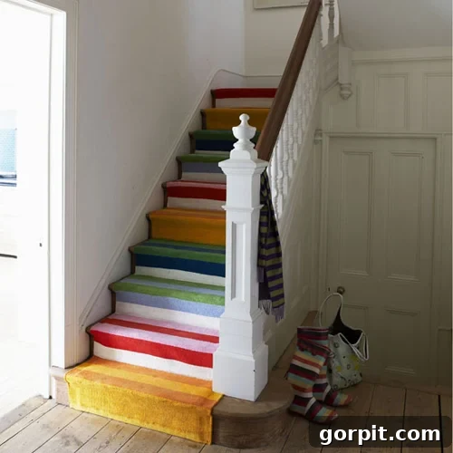 Merdivenlerinizi Şıklaştırın: İlham Veren Koşucu Halı Fikirleri 9 A DIY colorful staircase runner made from different rugs is one stair runner idea for your home.