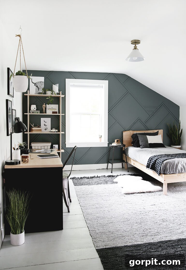 Transform Your Walls with DIY Board and Batten 13 A boys' bedroom, featuring a uniquely shaped ceiling, is dramatically highlighted by a dark grey board and batten accent wall, adding depth and architectural interest to the space.