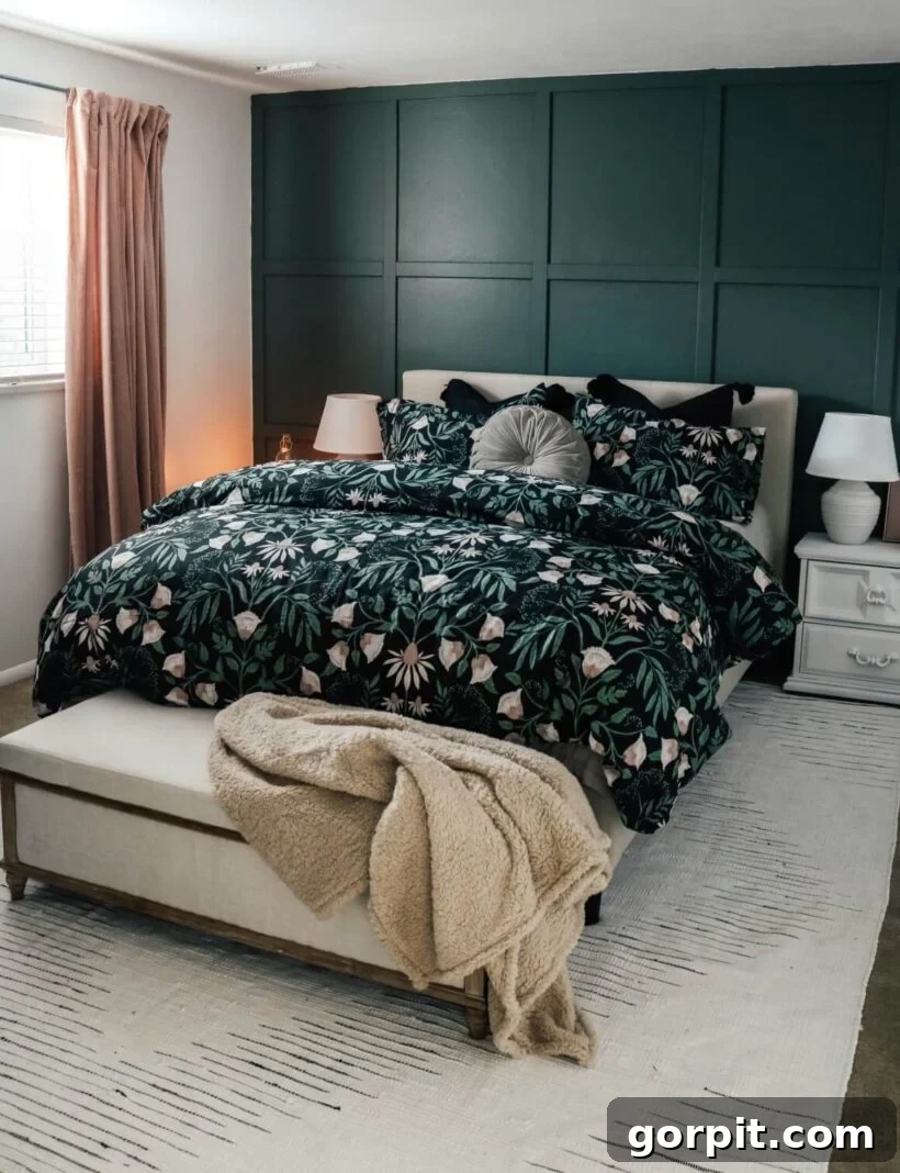 Transform Your Walls with DIY Board and Batten 16 A lush dark green bedspread beautifully complements crisp white accents and a rich deep green board and batten grid pattern on the accent wall, creating a serene and sophisticated bedroom aesthetic.