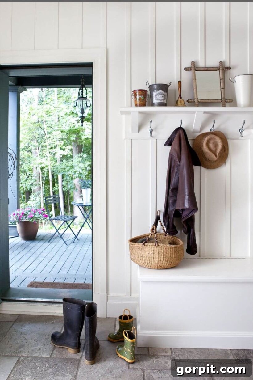 Transform Your Walls with DIY Board and Batten 22 A rustic and inviting mudroom features white board and batten walls that dramatically expand the vertical space, creating an airy and stylish entrance.
