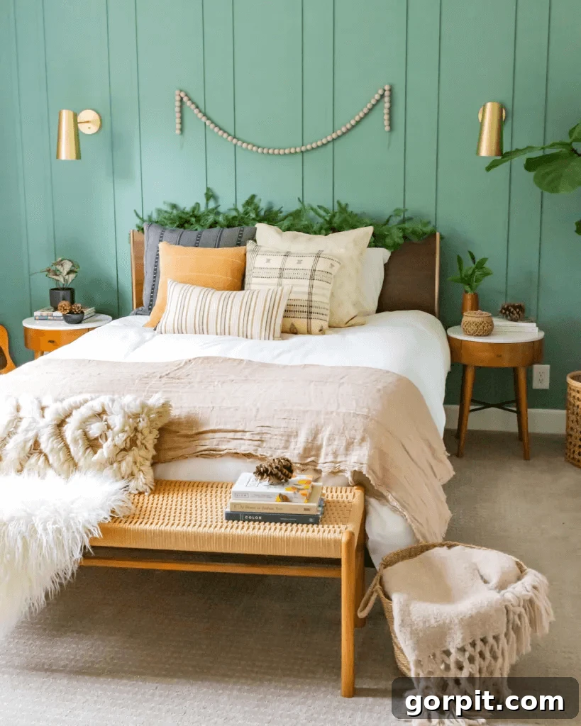 Transform Your Walls with DIY Board and Batten 23 A bohemian-style bed, adorned with wooden accents, is beautifully framed by a vibrant teal green faux board and batten wall at the head, creating a focal point that is both inviting and stylish.