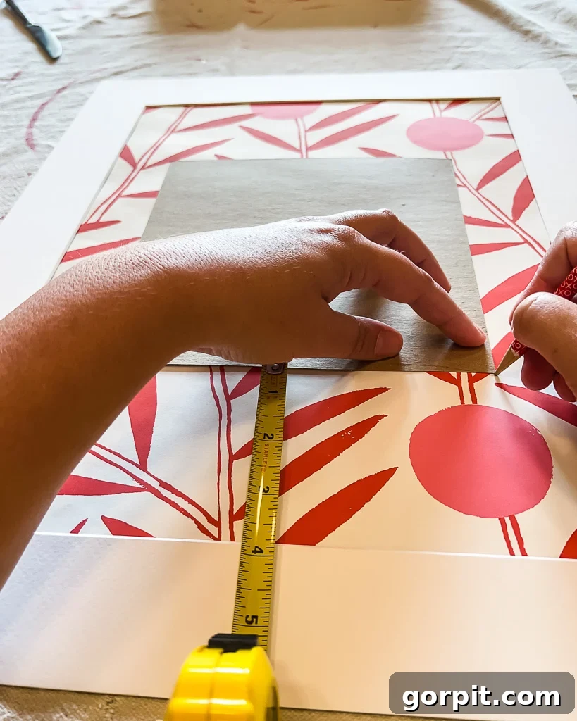 A Family's Visual Tapestry 6 Measuring and marking the precise placement for a family photo on a wallpaper-backed mat.