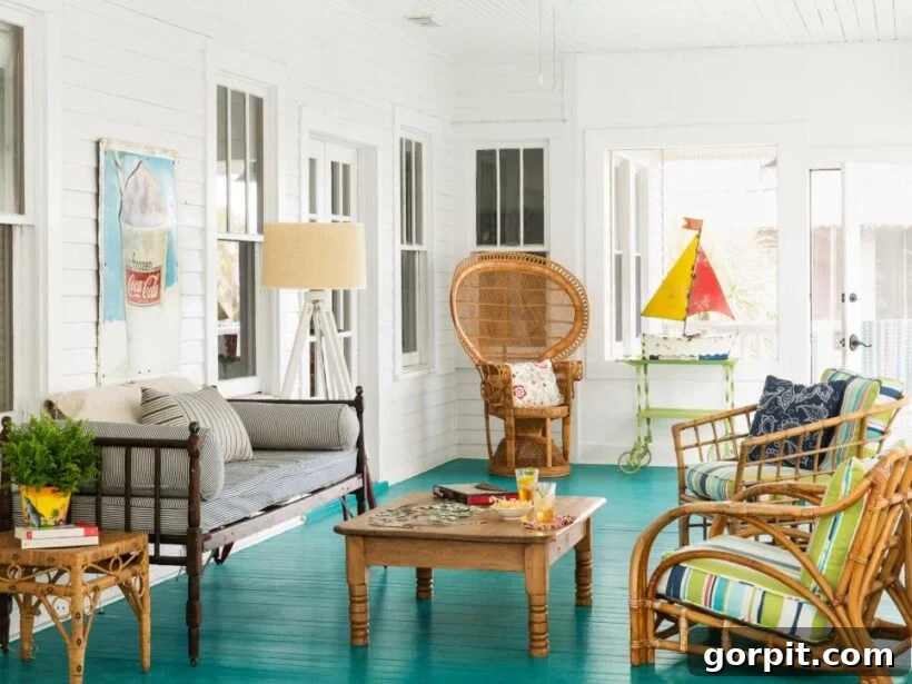 Porch Perfection: Designer Decor and Styling Tips 12 teal painted porch floor with bright decor and wood furniture