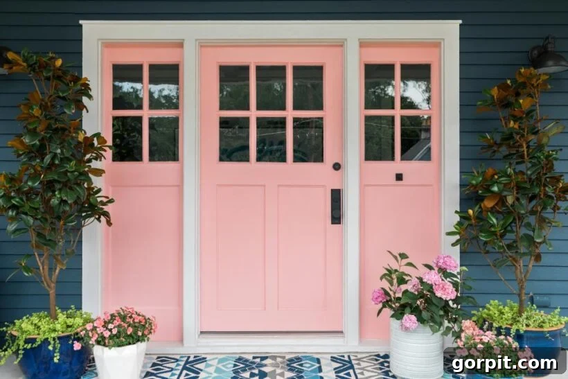 Porch Perfection: Designer Decor and Styling Tips 15 light pink front door on navy house with planters