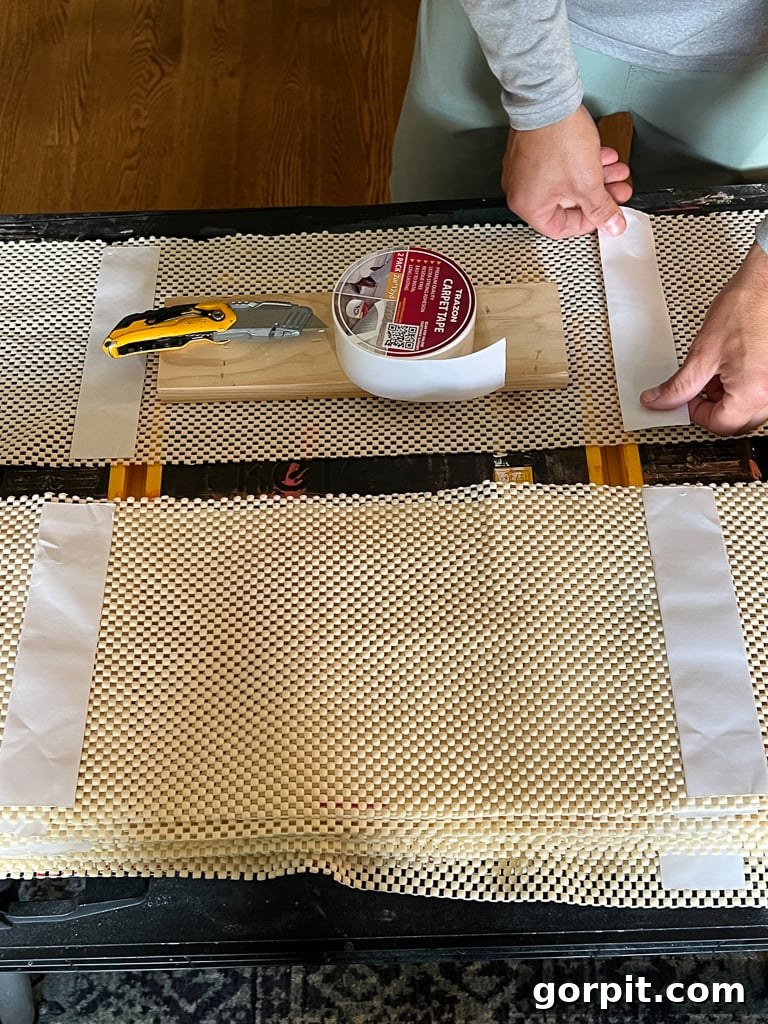 Applying two strips of double-sided carpet tape to a pre-cut rug pad